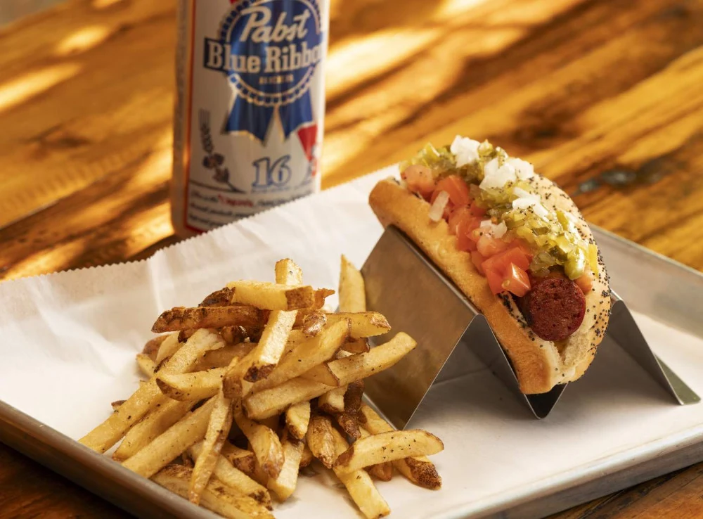 Wurst Behavior Chicago dog with fries and beer